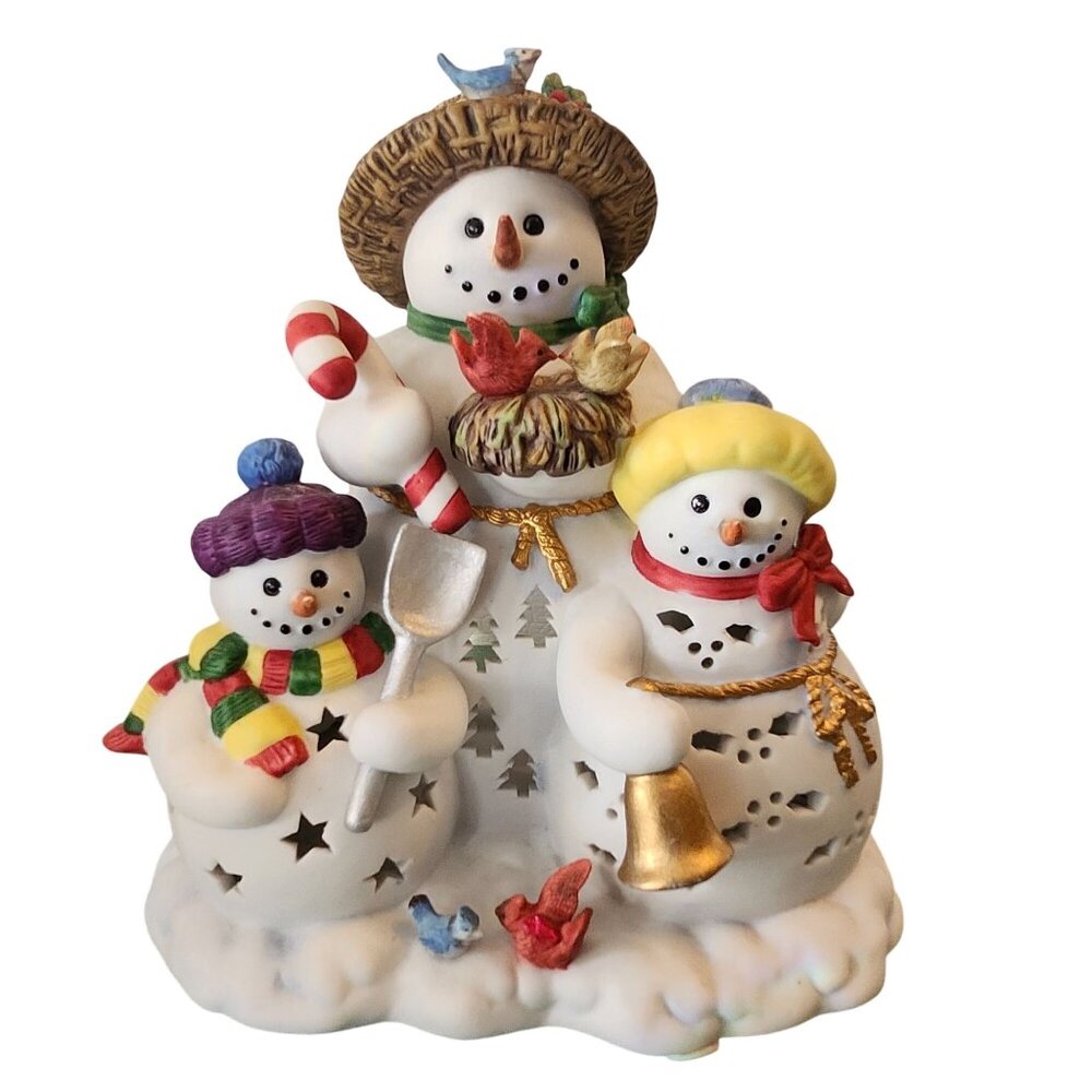 Snowman Family Ceramic Tealight Candle Holder Figurine Retired Snowbell PartyLit